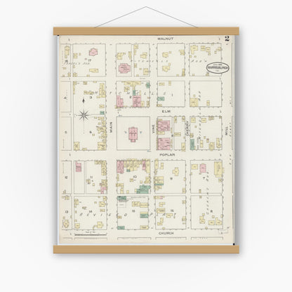 Old map wall art mockup — magnetic wood frame on white wall — Sanborn Fire Insurance Map from Harrisburg, Saline County, Illinois (1886), Sheet #0002
