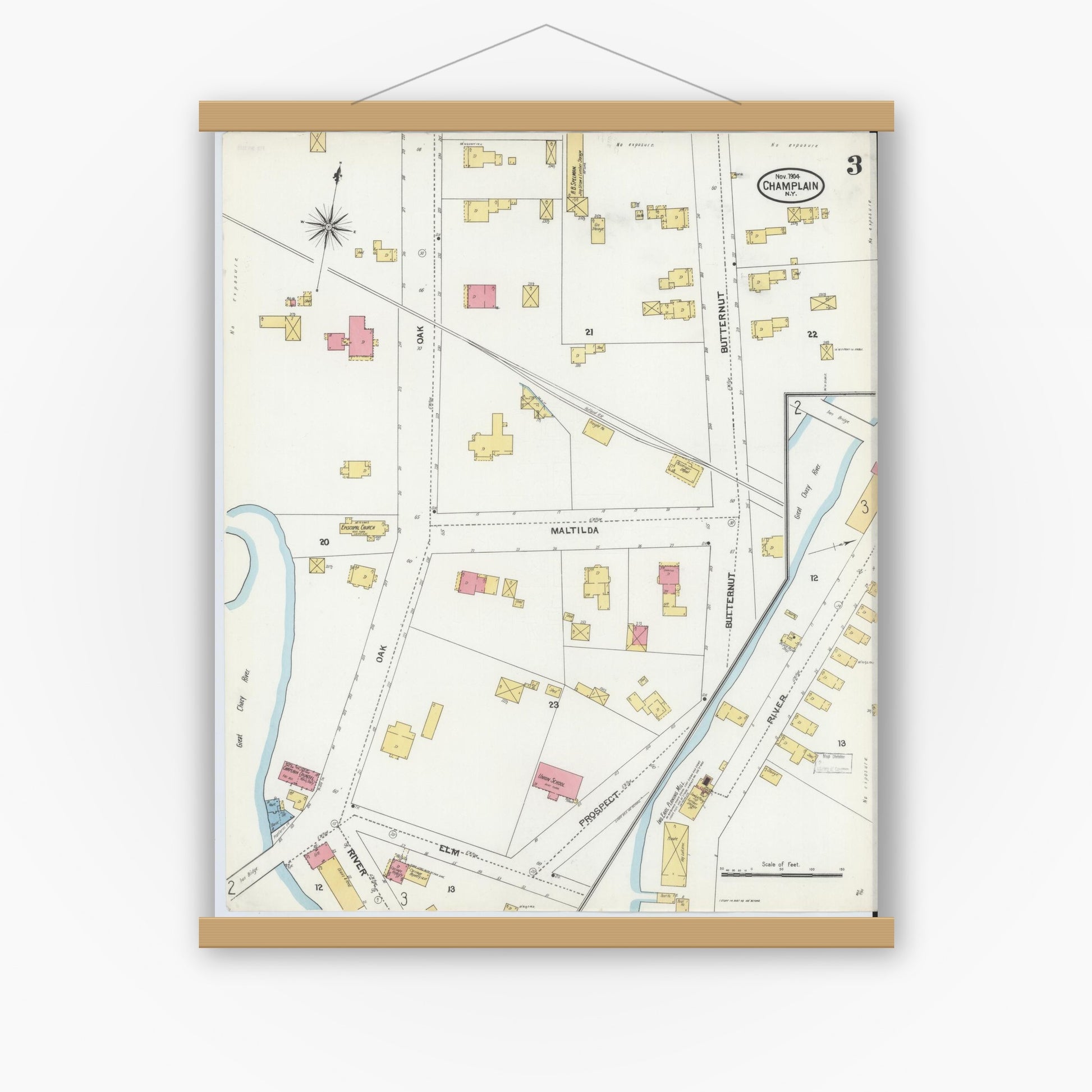 Old map wall art mockup — magnetic wood frame on white wall — Sanborn Fire Insurance Map from Champlain, Clinton County, New York (1904), Sheet #0003