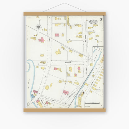 Old map wall art mockup — magnetic wood frame on white wall — Sanborn Fire Insurance Map from Champlain, Clinton County, New York (1904), Sheet #0003