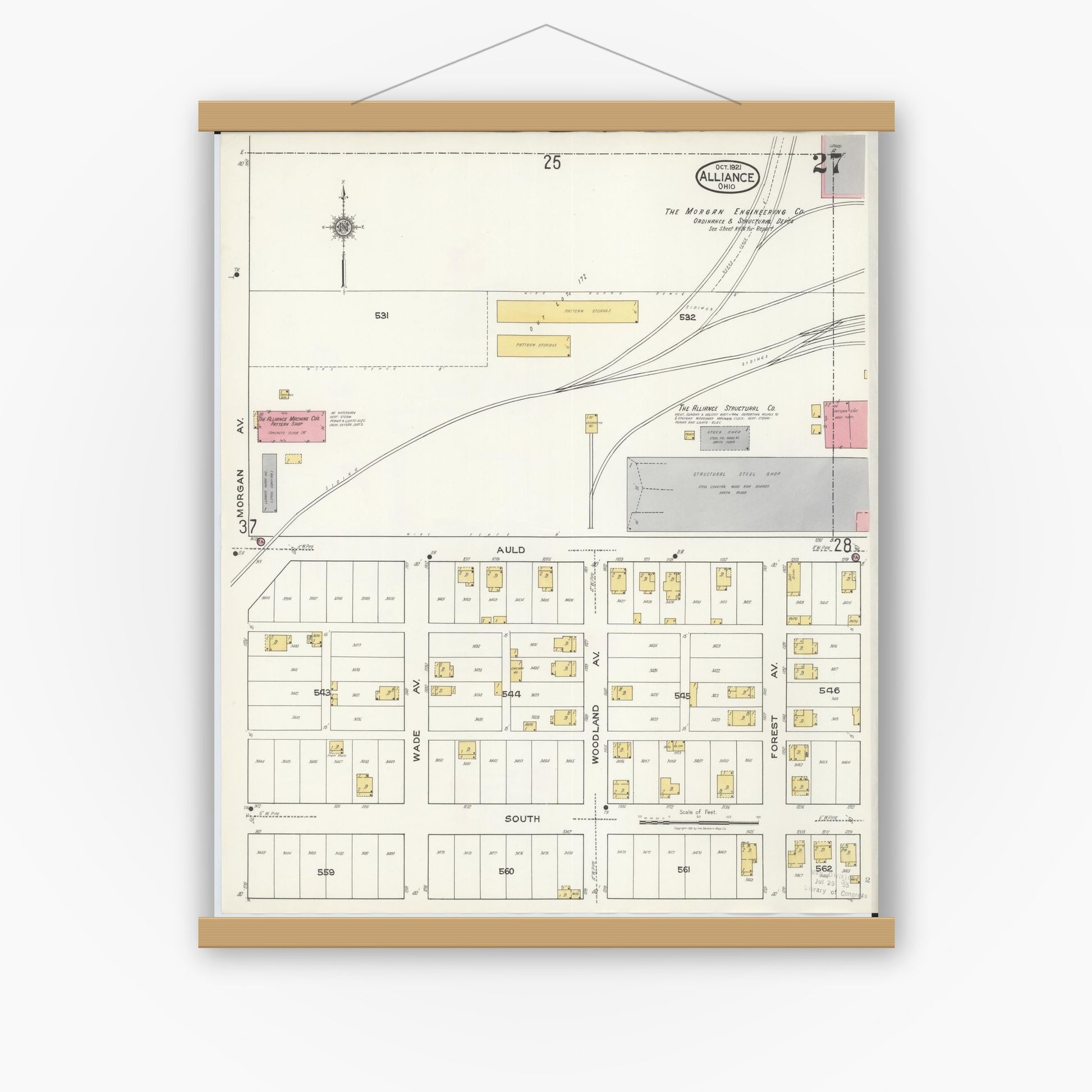 Old map wall art mockup — magnetic wood frame on white wall — Sanborn Fire Insurance Map from Alliance, Stark County, Ohio (1921), Sheet #0027