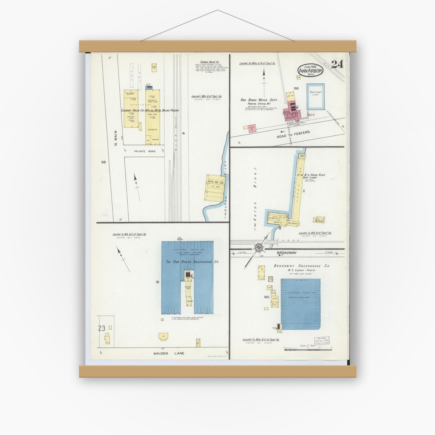 Old map wall art mockup — magnetic wood frame on white wall — Sanborn Fire Insurance Map from Ann Arbor, Washtenaw County, Michigan (1916), Sheet #0024