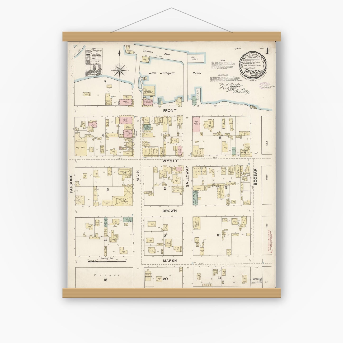 Old map wall art mockup — magnetic wood frame on white wall — Sanborn Fire Insurance Map from Antioch, Contra Costa County, California (1888), Sheet #0001