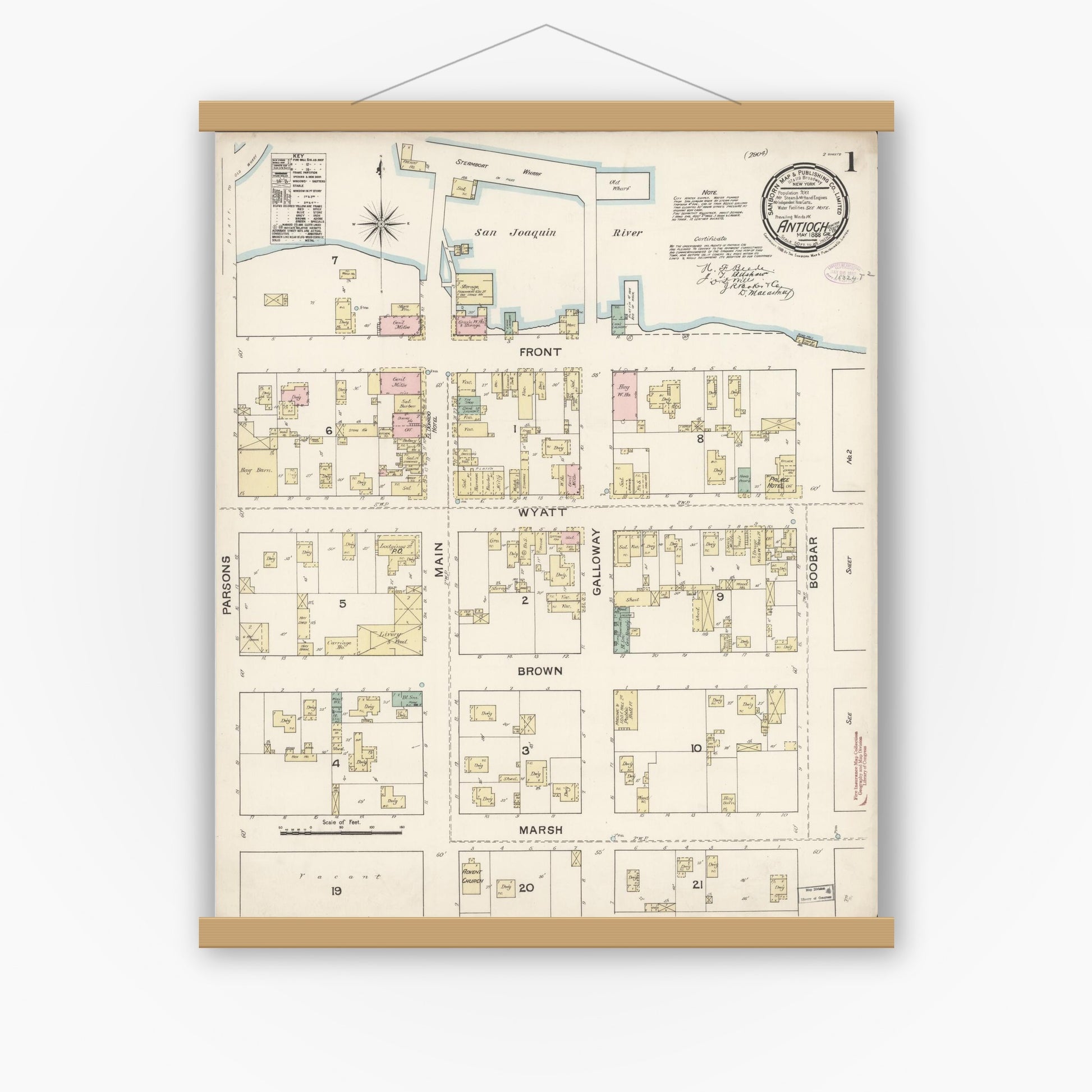 Old map wall art mockup — magnetic wood frame on white wall — Sanborn Fire Insurance Map from Antioch, Contra Costa County, California (1888), Sheet #0001