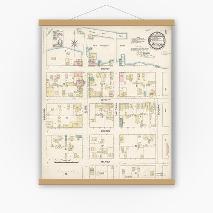 Old map wall art mockup — magnetic wood frame on white wall — Sanborn Fire Insurance Map from Antioch, Contra Costa County, California (1888), Sheet #0001