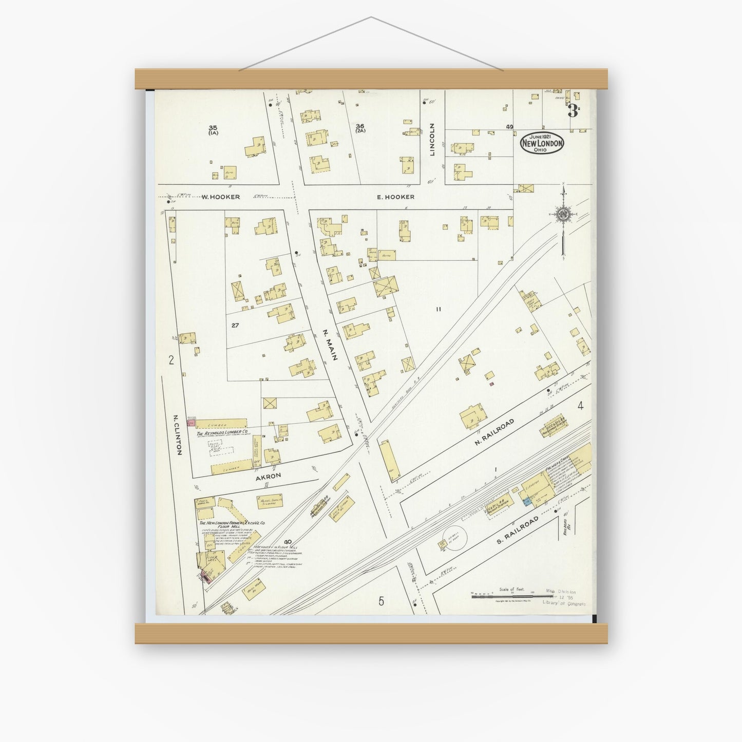 Old map wall art mockup — magnetic wood frame on white wall — Sanborn Fire Insurance Map from New London, Huron County, Ohio (1921), Sheet #0003