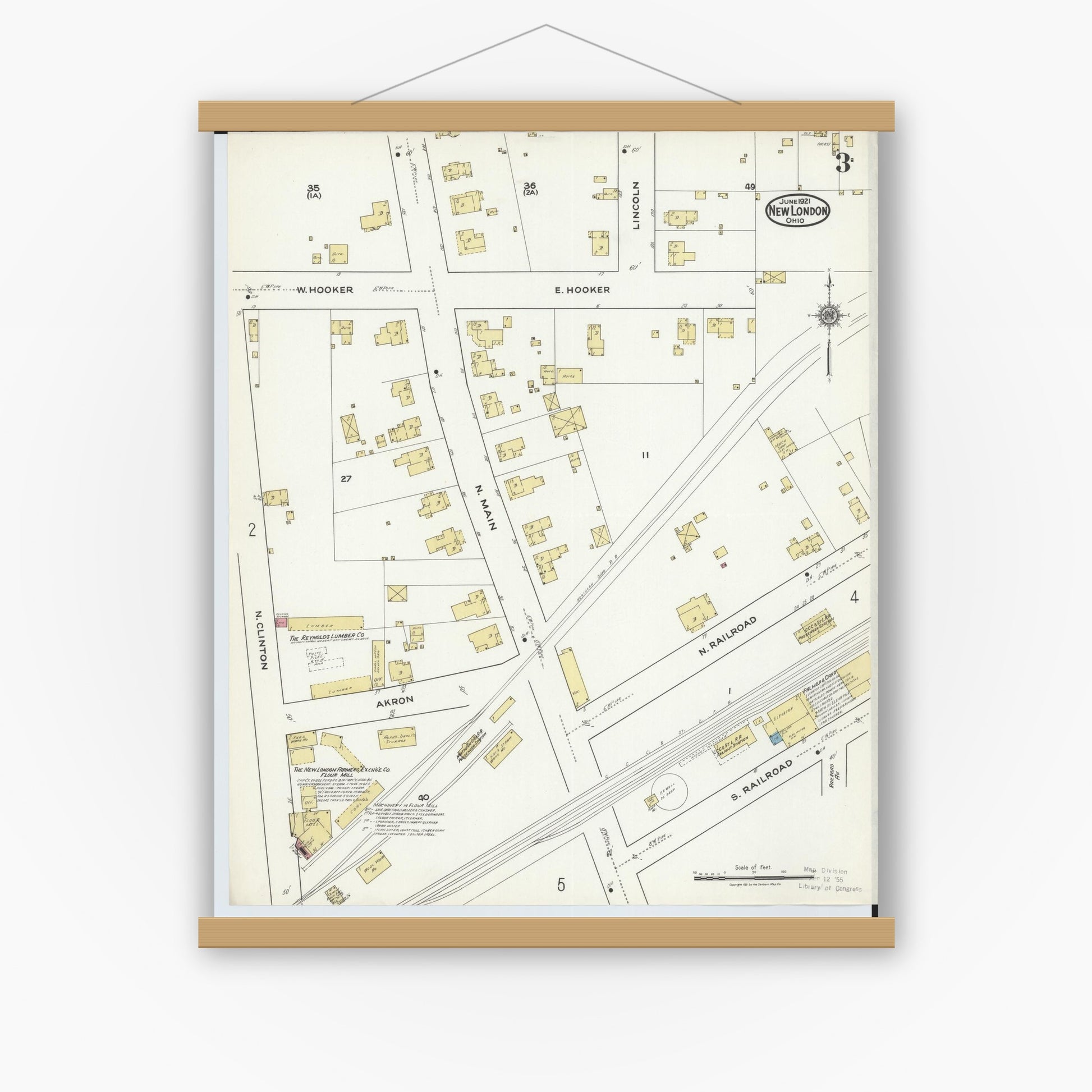 Old map wall art mockup — magnetic wood frame on white wall — Sanborn Fire Insurance Map from New London, Huron County, Ohio (1921), Sheet #0003
