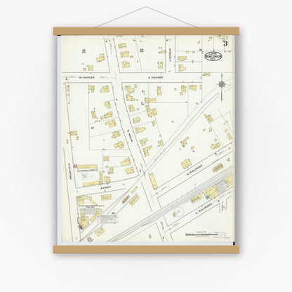 Old map wall art mockup — magnetic wood frame on white wall — Sanborn Fire Insurance Map from New London, Huron County, Ohio (1921), Sheet #0003