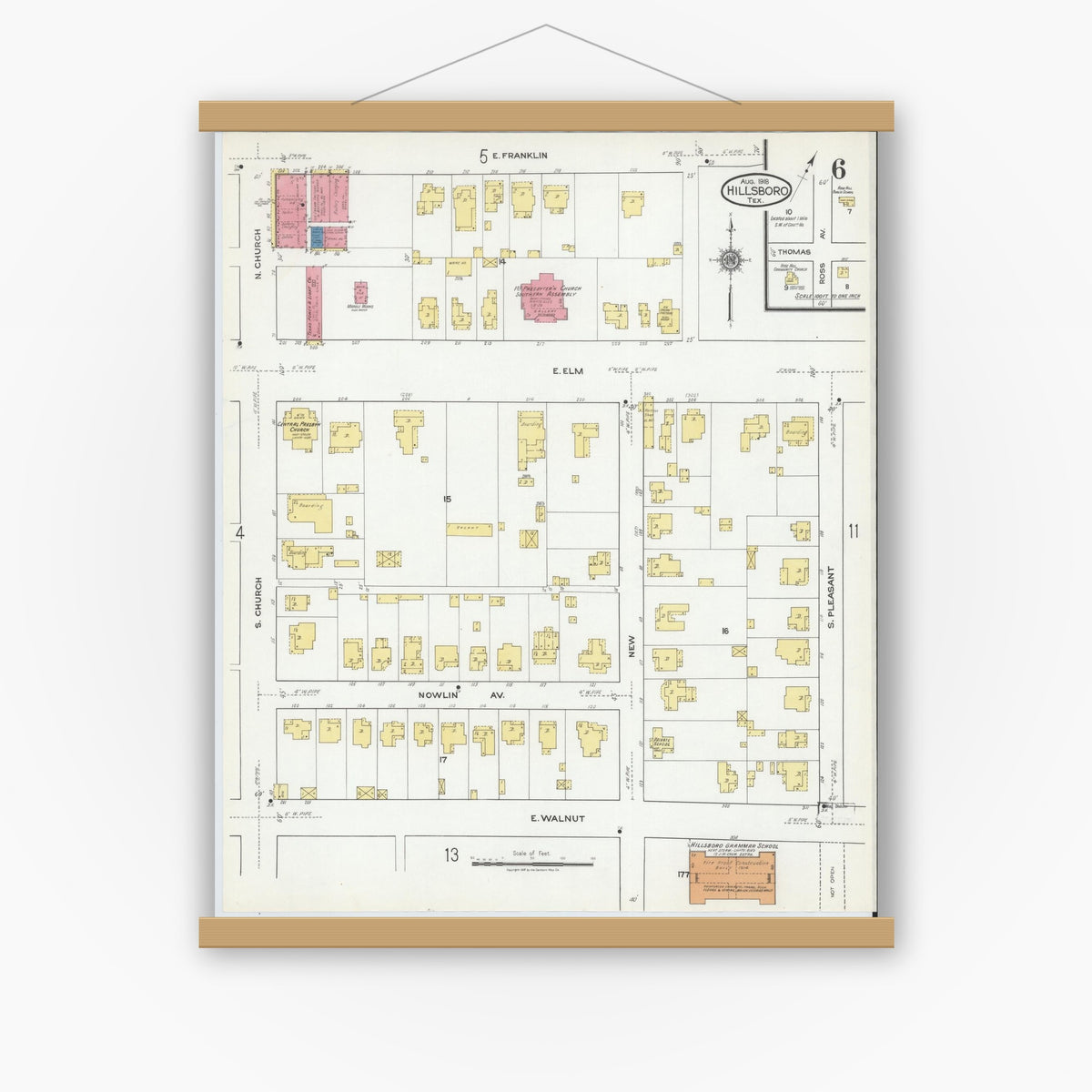 Old map wall art mockup — magnetic wood frame on white wall — Sanborn Fire Insurance Map from Hillsboro, Hill County, Texas (1918), Sheet #0006