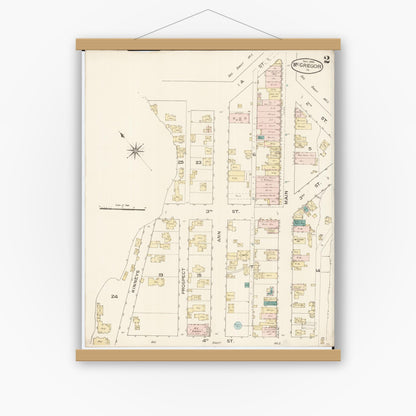 Old map wall art mockup — magnetic wood frame on white wall — Sanborn Fire Insurance Map from McGregor, Clayton County, Iowa (1886), Sheet #0002