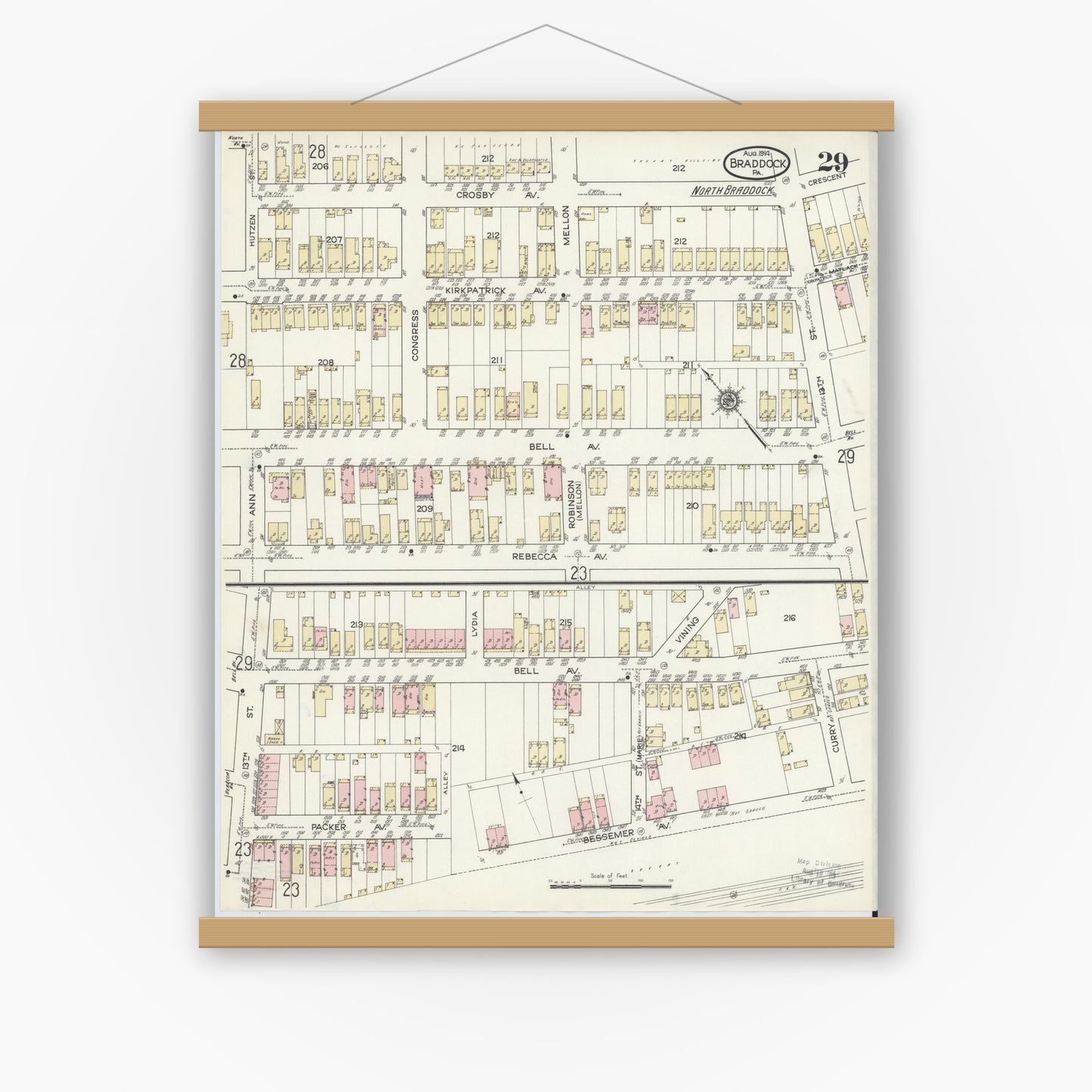 Old map wall art mockup — magnetic wood frame on white wall — Sanborn Fire Insurance Map from Braddock, Allegheny County, Pennsylvania (1914), Sheet #0029