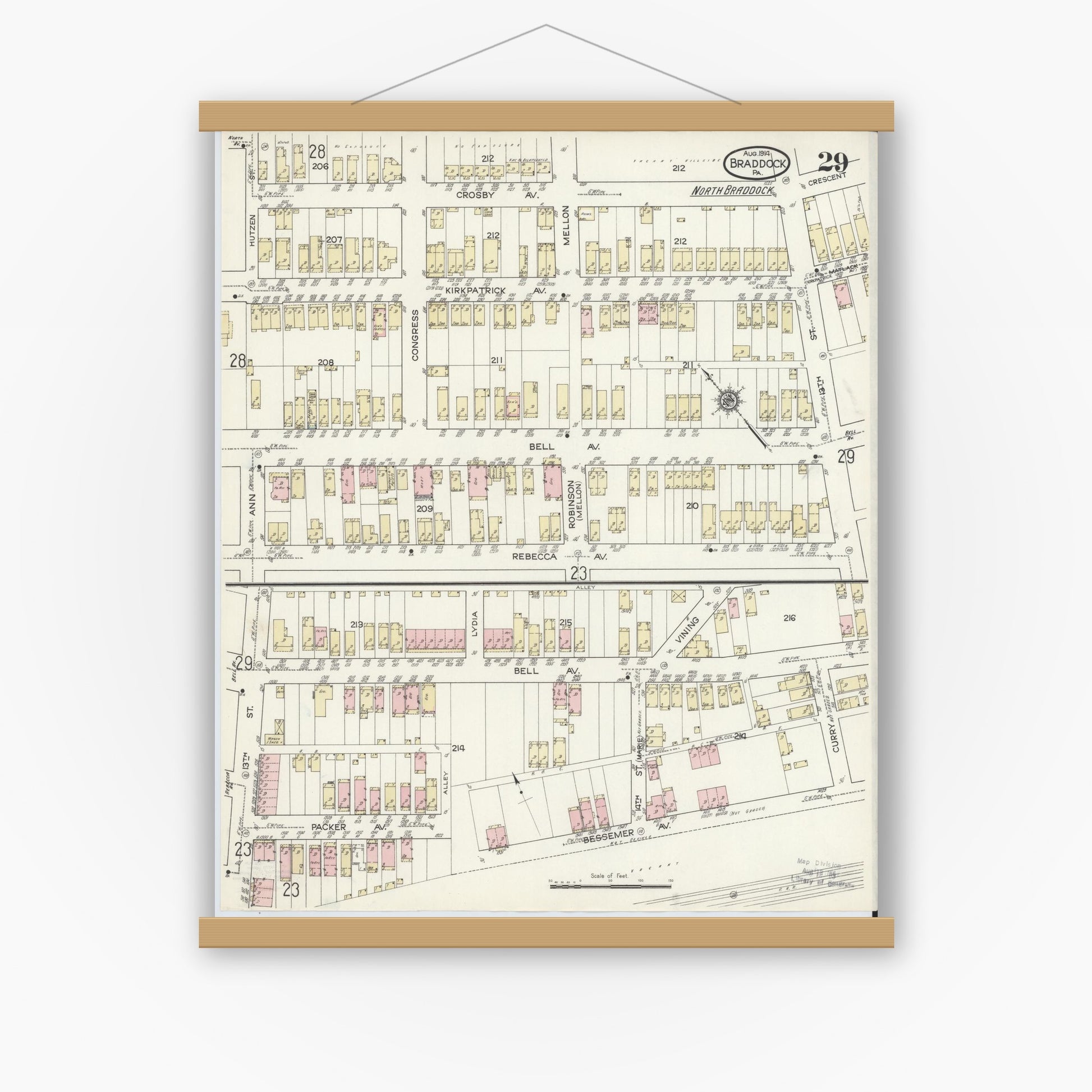 Old map wall art mockup — magnetic wood frame on white wall — Sanborn Fire Insurance Map from Braddock, Allegheny County, Pennsylvania (1914), Sheet #0029
