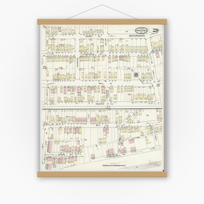 Old map wall art mockup — magnetic wood frame on white wall — Sanborn Fire Insurance Map from Braddock, Allegheny County, Pennsylvania (1914), Sheet #0029