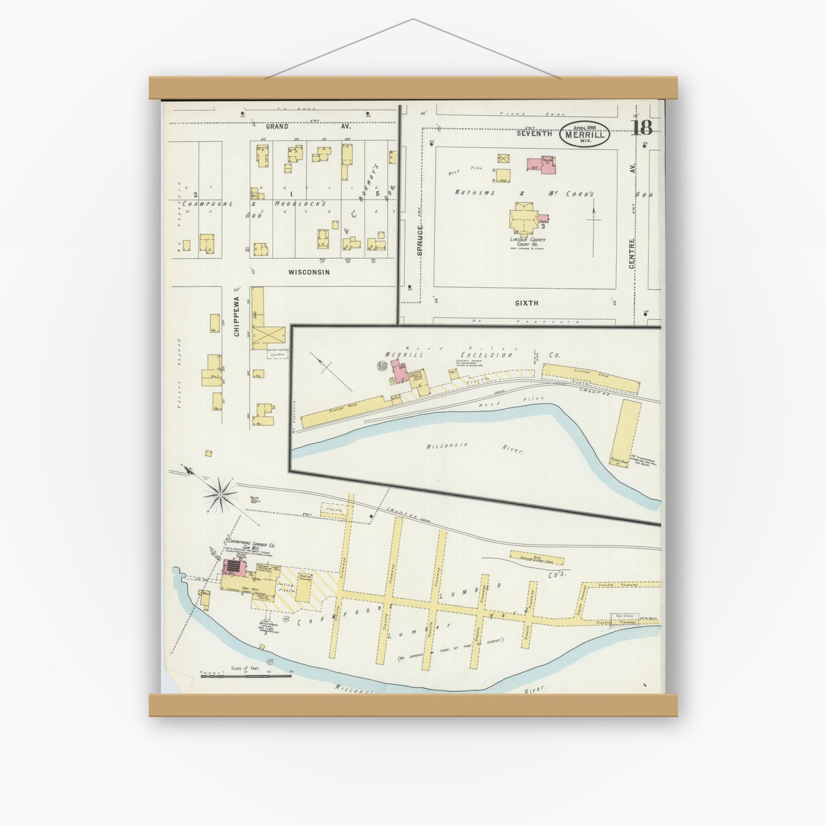 Old map wall art mockup — magnetic wood frame on white wall — Sanborn Fire Insurance Map from Merrill, Lincoln County, Wisconsin (1898), Sheet #0018