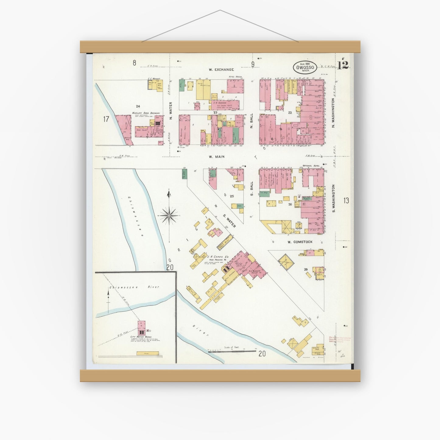 Old map wall art mockup — magnetic wood frame on white wall — Sanborn Fire Insurance Map from Owosso, Shiawassee County, Michigan (1908), Sheet #0012