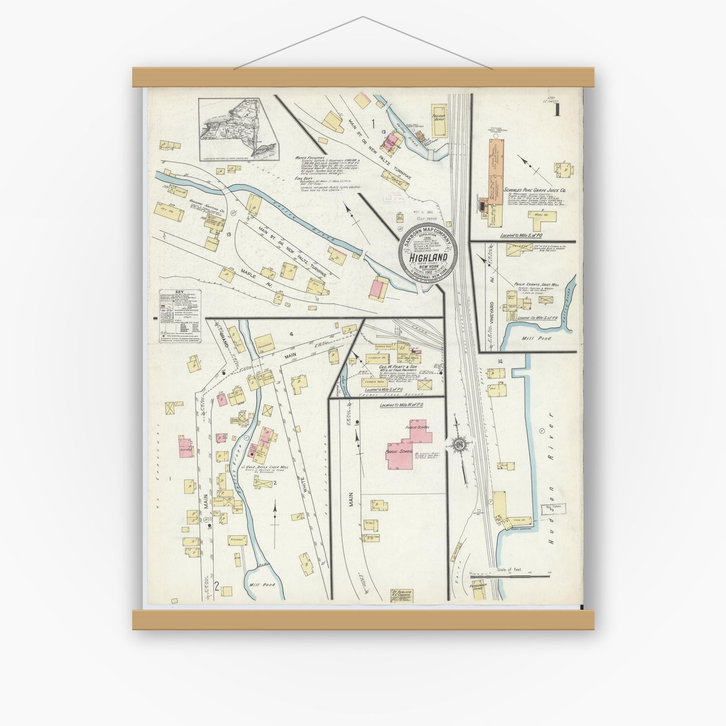 Old map wall art mockup — magnetic wood frame on white wall — Sanborn Fire Insurance Map from Highland, Ulster County, New York (1912) - Complete Map Set
