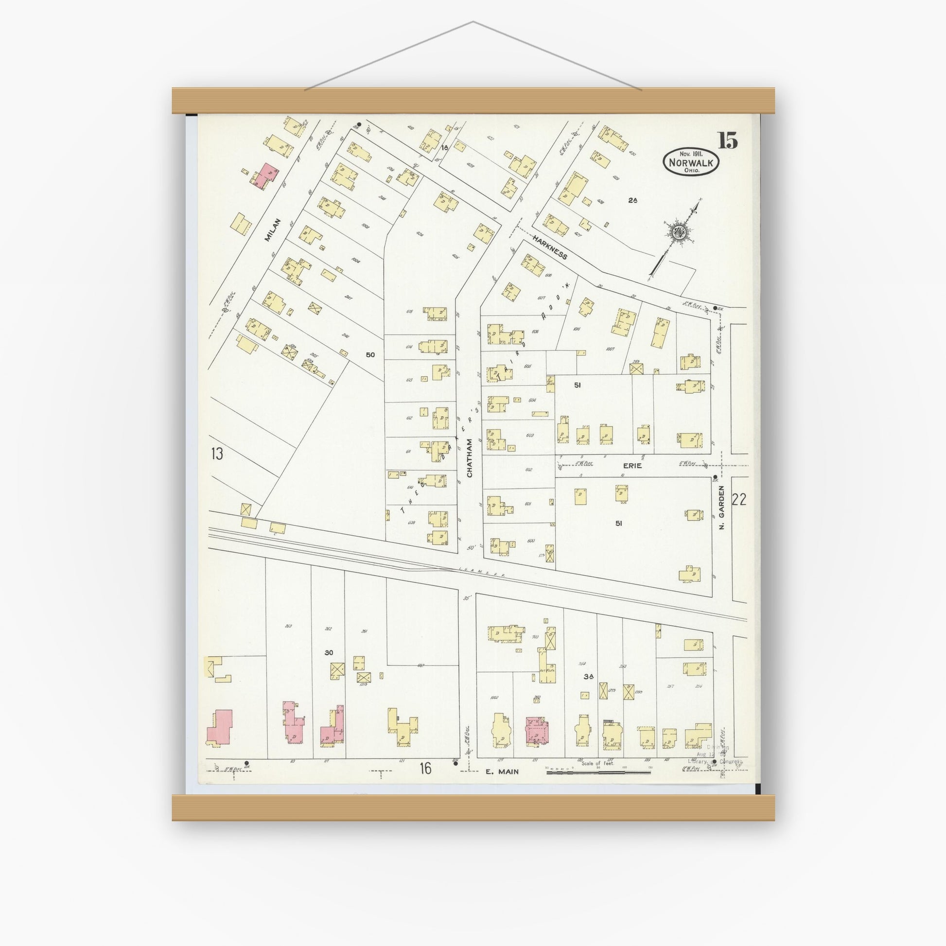 Old map wall art mockup — magnetic wood frame on white wall — Sanborn Fire Insurance Map from Norwalk, Huron County, Ohio (1911), Sheet #0015