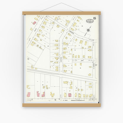 Old map wall art mockup — magnetic wood frame on white wall — Sanborn Fire Insurance Map from Norwalk, Huron County, Ohio (1911), Sheet #0015