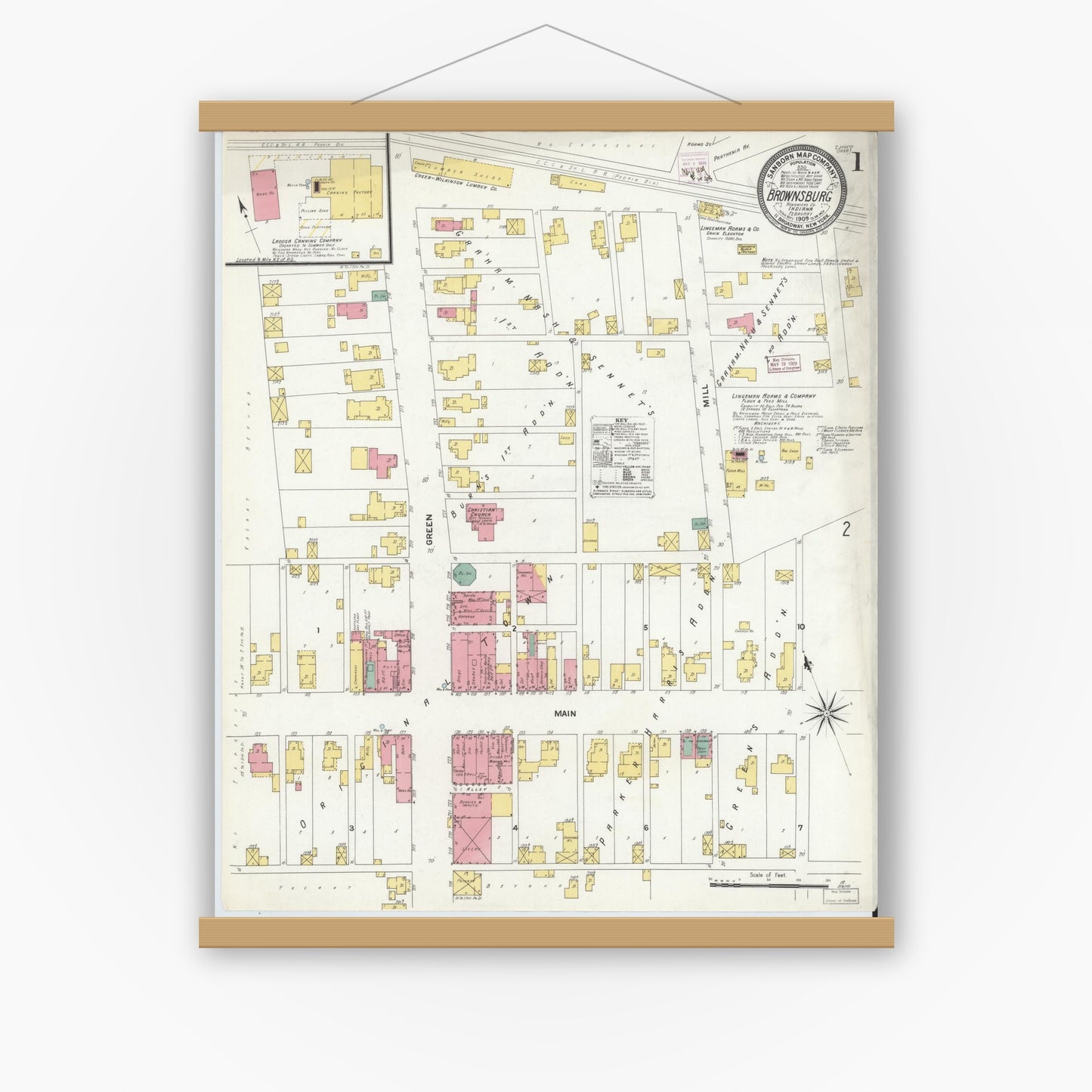 Old map wall art mockup — magnetic wood frame on white wall — Sanborn Fire Insurance Map from Brownsburg, Hendricks County, Indiana (1909) - Complete Map Set