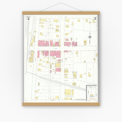 Old map wall art mockup — magnetic wood frame on white wall — Sanborn Fire Insurance Map from Higbee, Randolph County, Missouri (1933), Sheet #0002