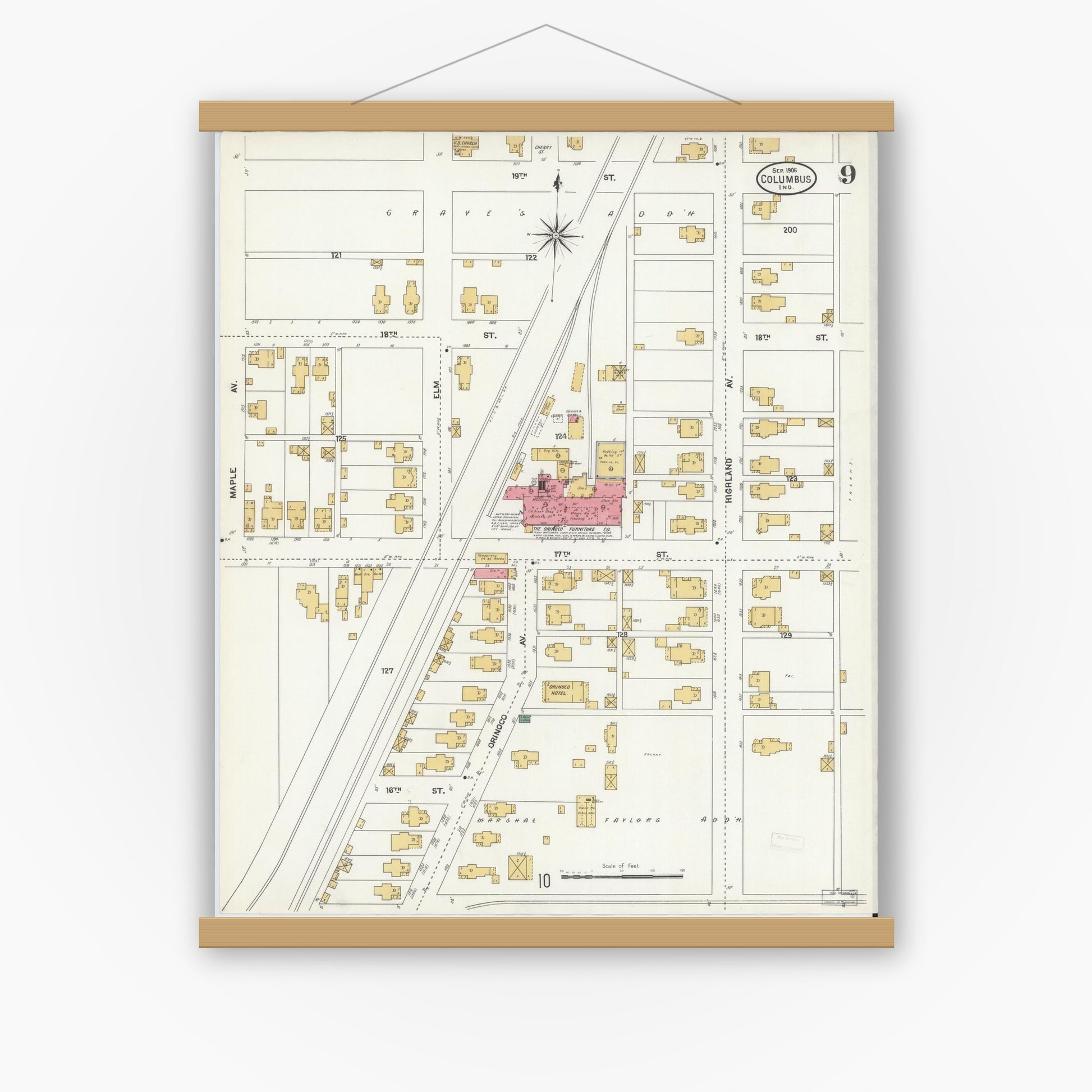 Old map wall art mockup — magnetic wood frame on white wall — Sanborn Fire Insurance Map from Columbus, Bartholomew County, Indiana (1906), Sheet #0009