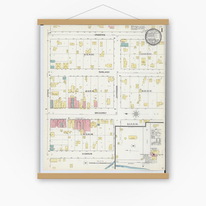 Old map wall art mockup — magnetic wood frame on white wall — Sanborn Fire Insurance Map from Cassopolis, Cass County, Michigan (1892), Sheet #0001