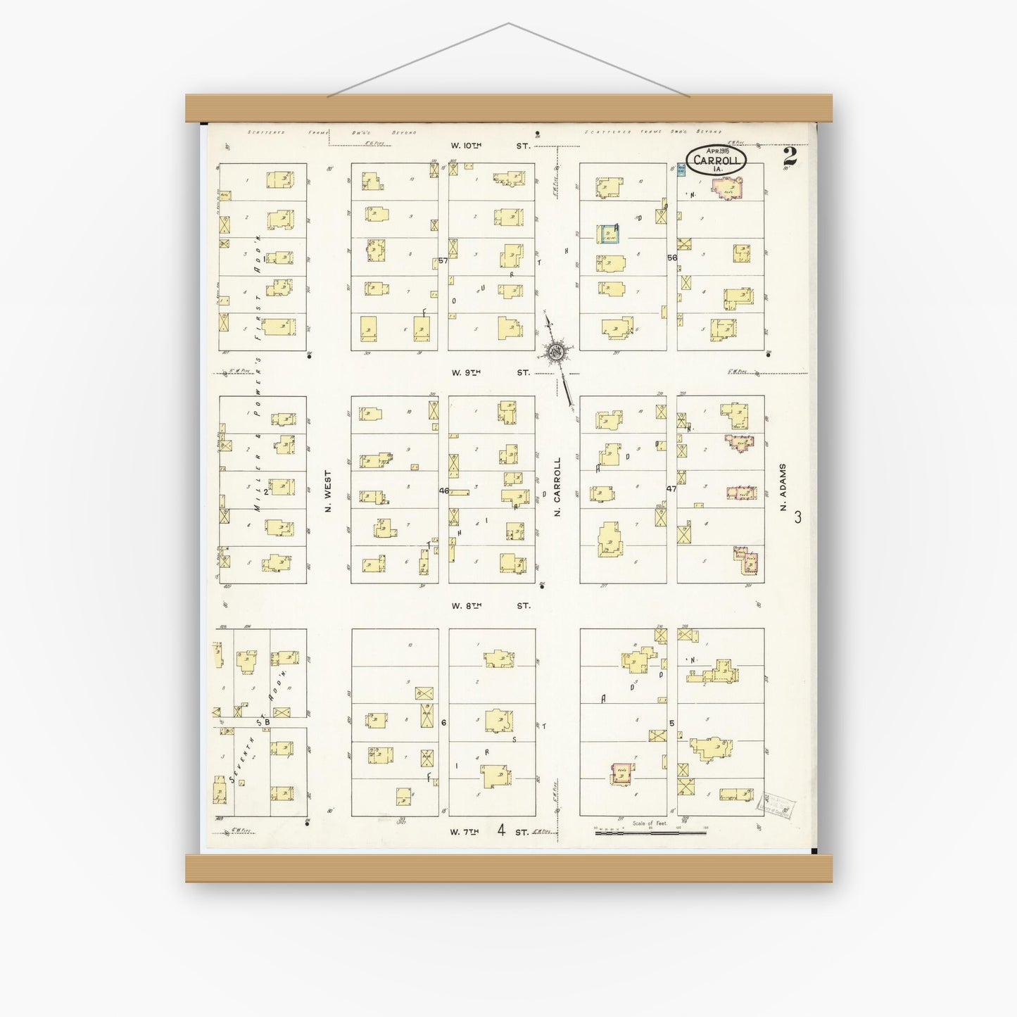 Old map wall art mockup — magnetic wood frame on white wall — Sanborn Fire Insurance Map from Carroll, Carroll County, Iowa (1915), Sheet #0002