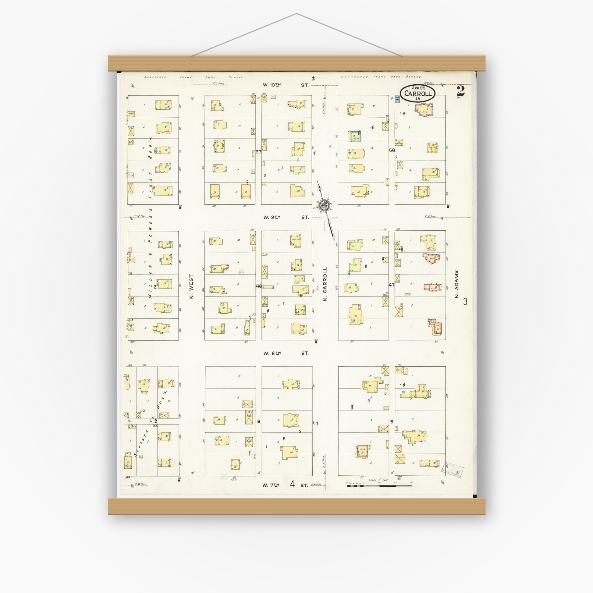 Old map wall art mockup — magnetic wood frame on white wall — Sanborn Fire Insurance Map from Carroll, Carroll County, Iowa (1915), Sheet #0002