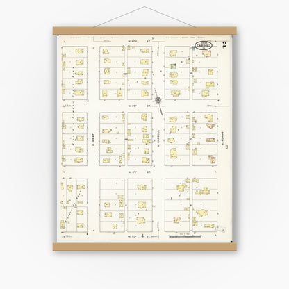 Old map wall art mockup — magnetic wood frame on white wall — Sanborn Fire Insurance Map from Carroll, Carroll County, Iowa (1915), Sheet #0002