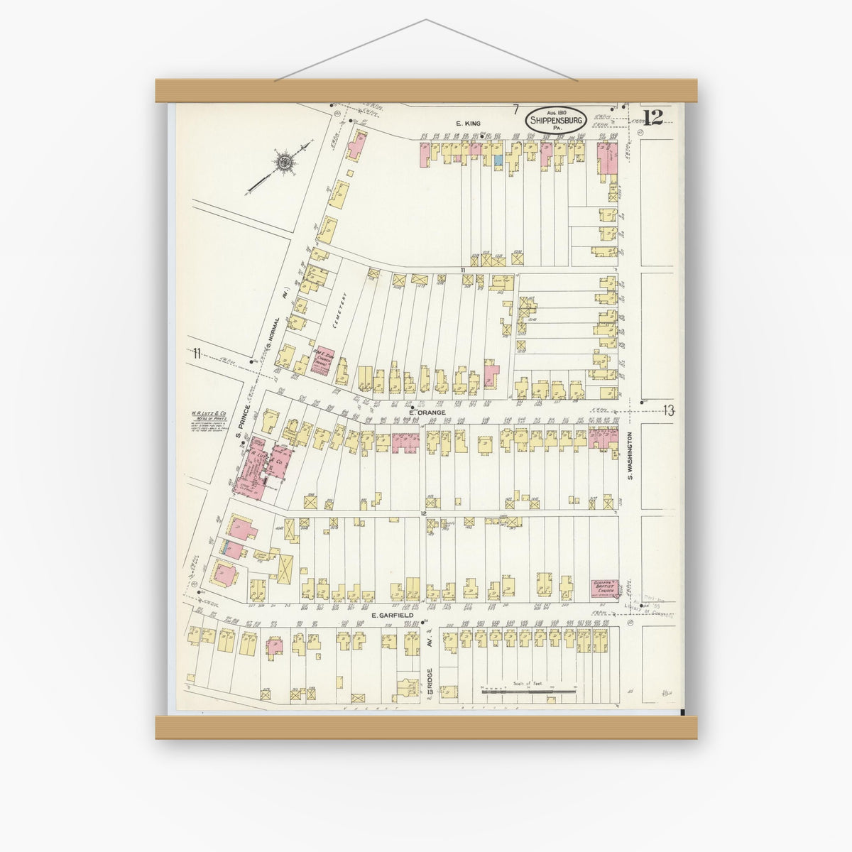 Old map wall art mockup — magnetic wood frame on white wall — Sanborn Fire Insurance Map from Shippensburg, Cumberland And Franklin Counties, Pennsylvania (1910), Sheet #0012