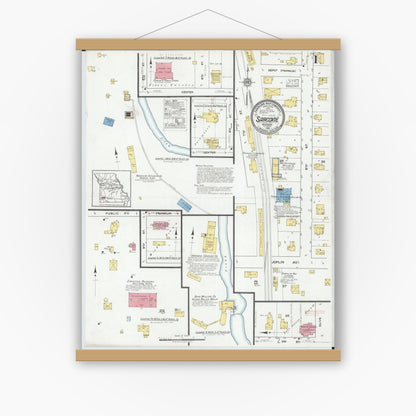 Old map wall art mockup — magnetic wood frame on white wall — Sanborn Fire Insurance Map from Sarcoxie, Jasper County, Missouri (1918) - Complete Map Set
