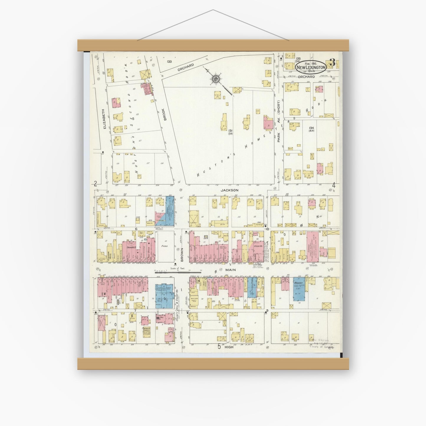 Old map wall art mockup — magnetic wood frame on white wall — Sanborn Fire Insurance Map from New Lexington, Perry County, Ohio (1916), Sheet #0003