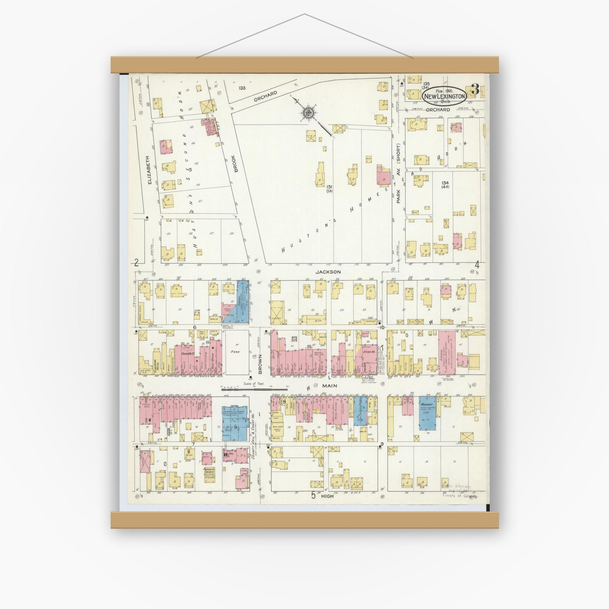 Old map wall art mockup — magnetic wood frame on white wall — Sanborn Fire Insurance Map from New Lexington, Perry County, Ohio (1916), Sheet #0003