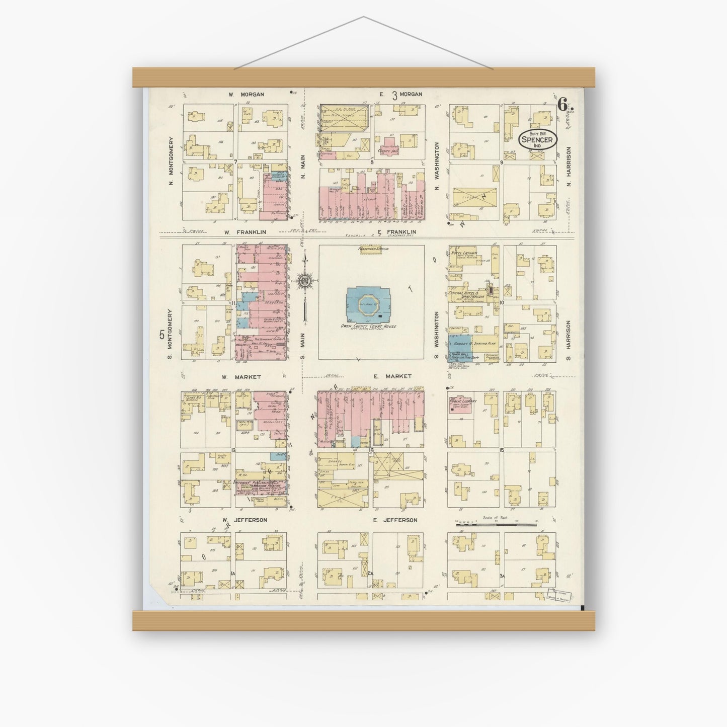 Old map wall art mockup — magnetic wood frame on white wall — Sanborn Fire Insurance Map from Spencer, Owen County, Indiana (1912), Sheet #0006
