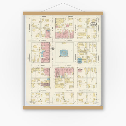 Old map wall art mockup — magnetic wood frame on white wall — Sanborn Fire Insurance Map from Spencer, Owen County, Indiana (1912), Sheet #0006