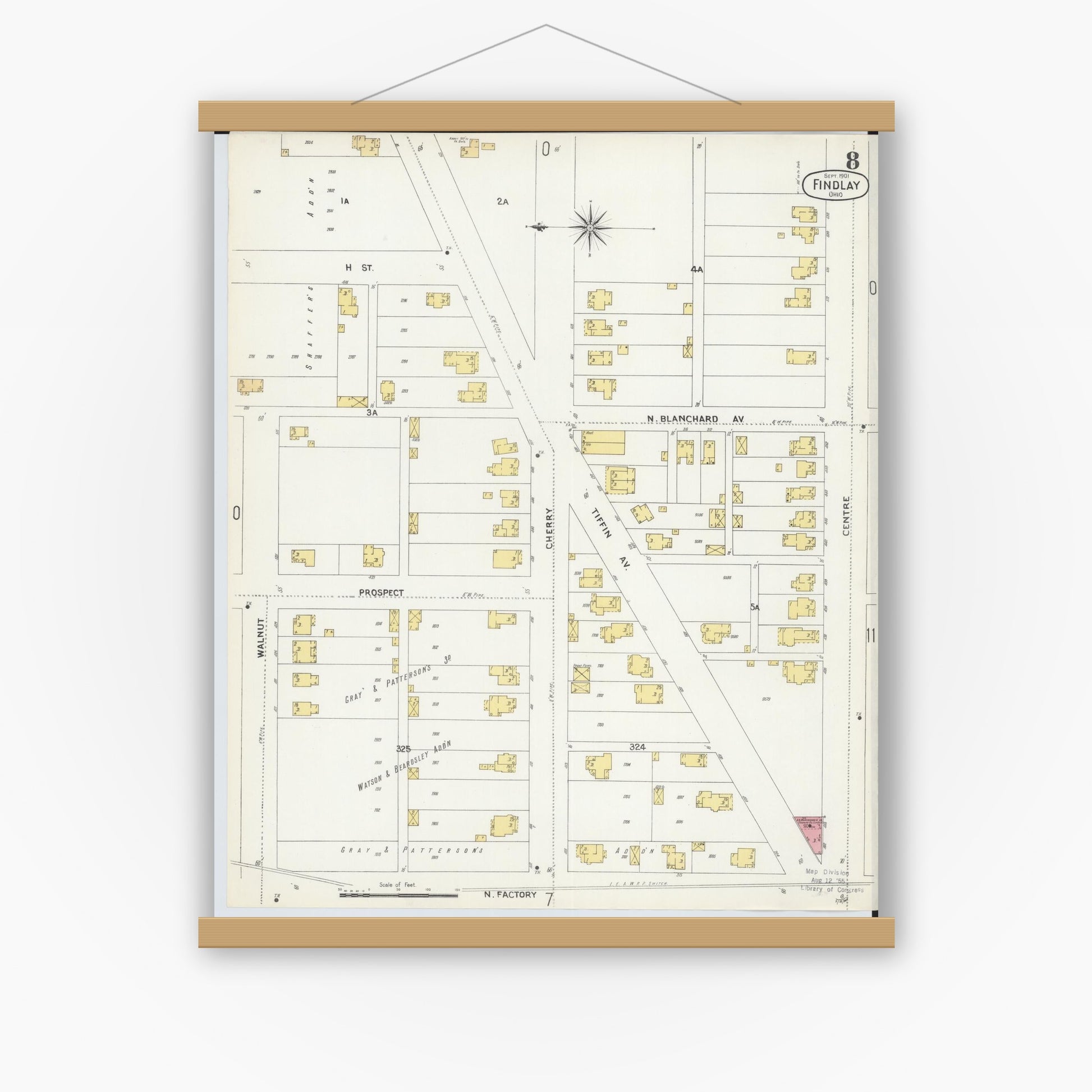 Old map wall art mockup — magnetic wood frame on white wall — Sanborn Fire Insurance Map from Findlay, Hancock County, Ohio (1901), Sheet #0008