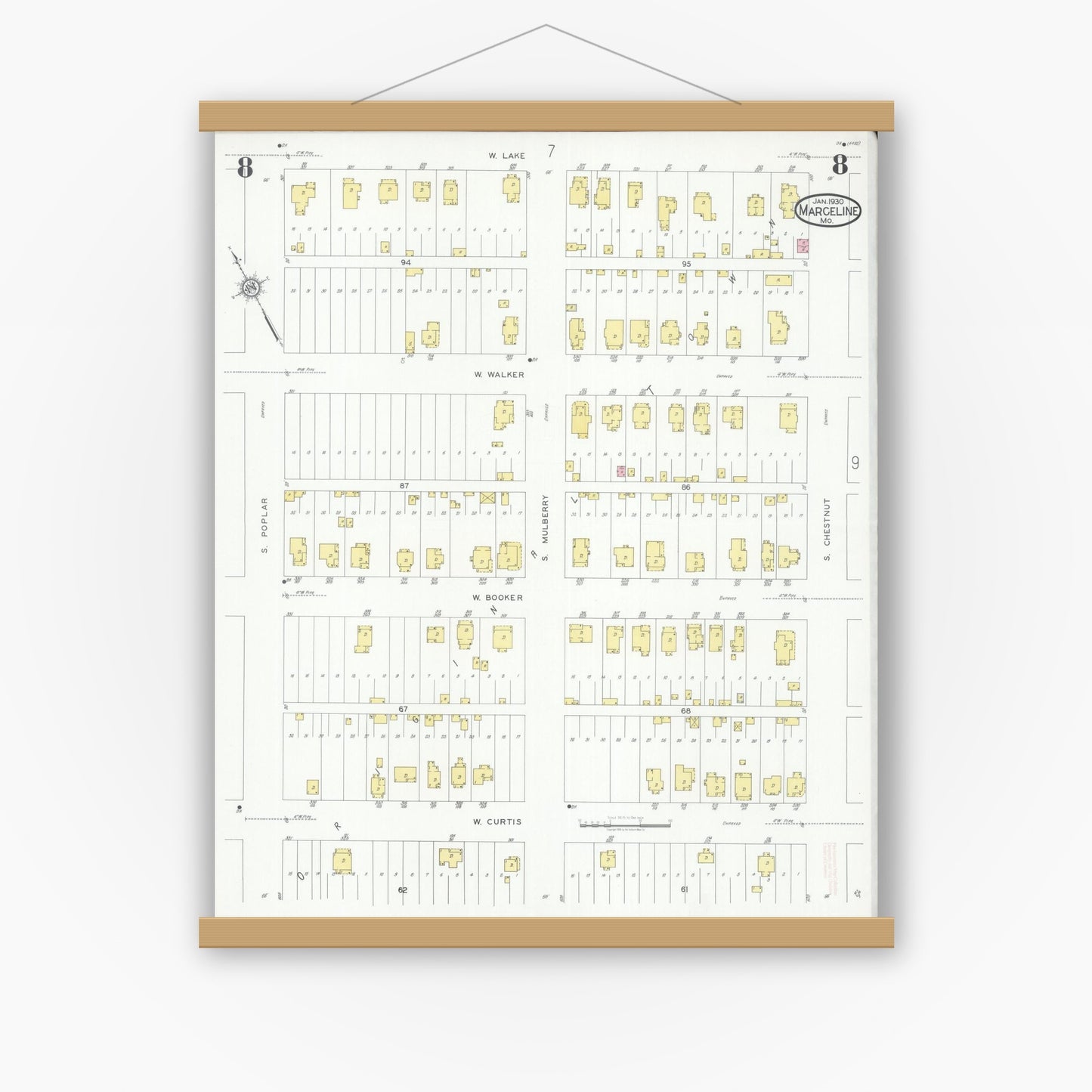 Old map wall art mockup — magnetic wood frame on white wall — Sanborn Fire Insurance Map from Marceline, Linn County, Missouri (1930), Sheet #0008
