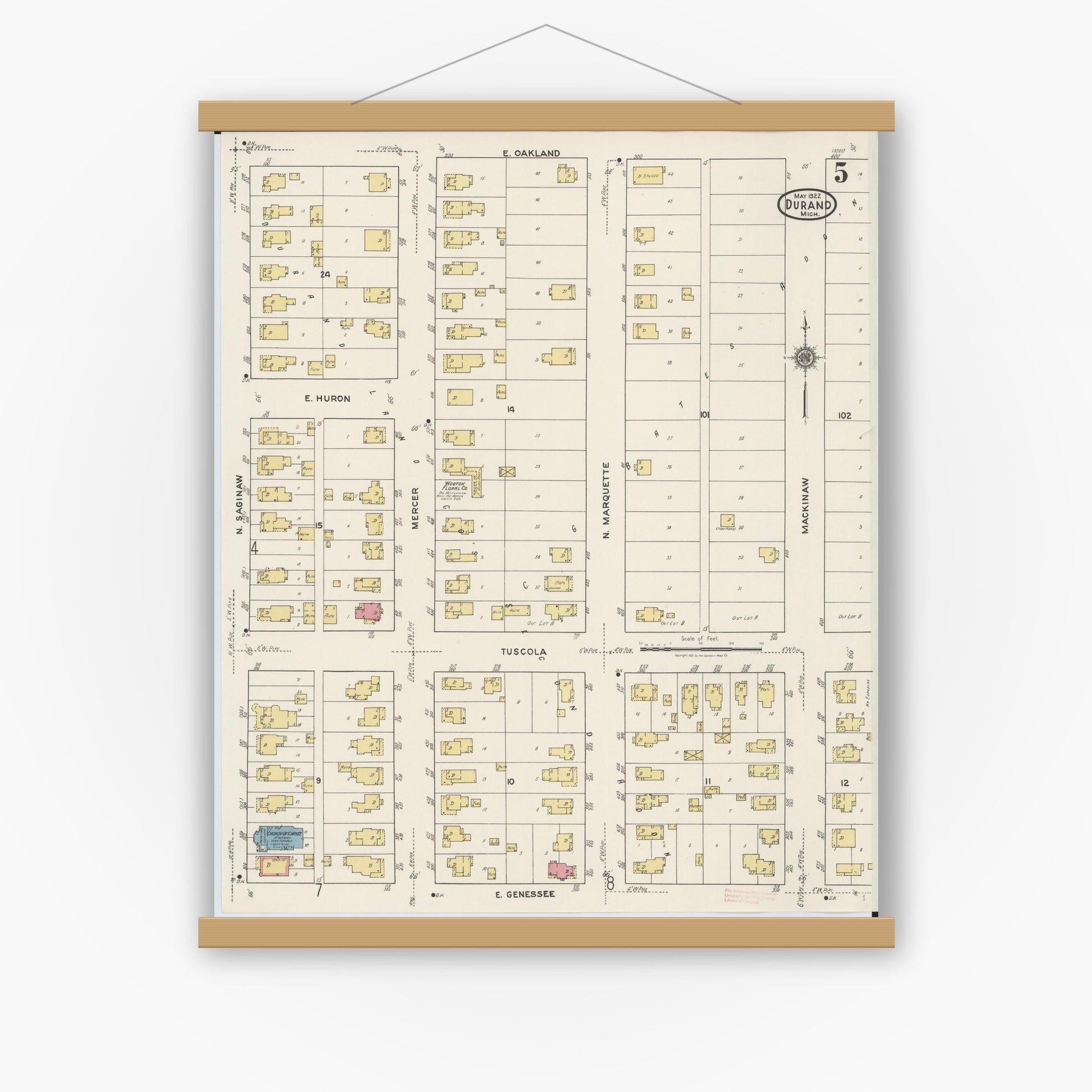 Old map wall art mockup — magnetic wood frame on white wall — Sanborn Fire Insurance Map from Durand, Shiawassee County, Michigan (1922), Sheet #0005