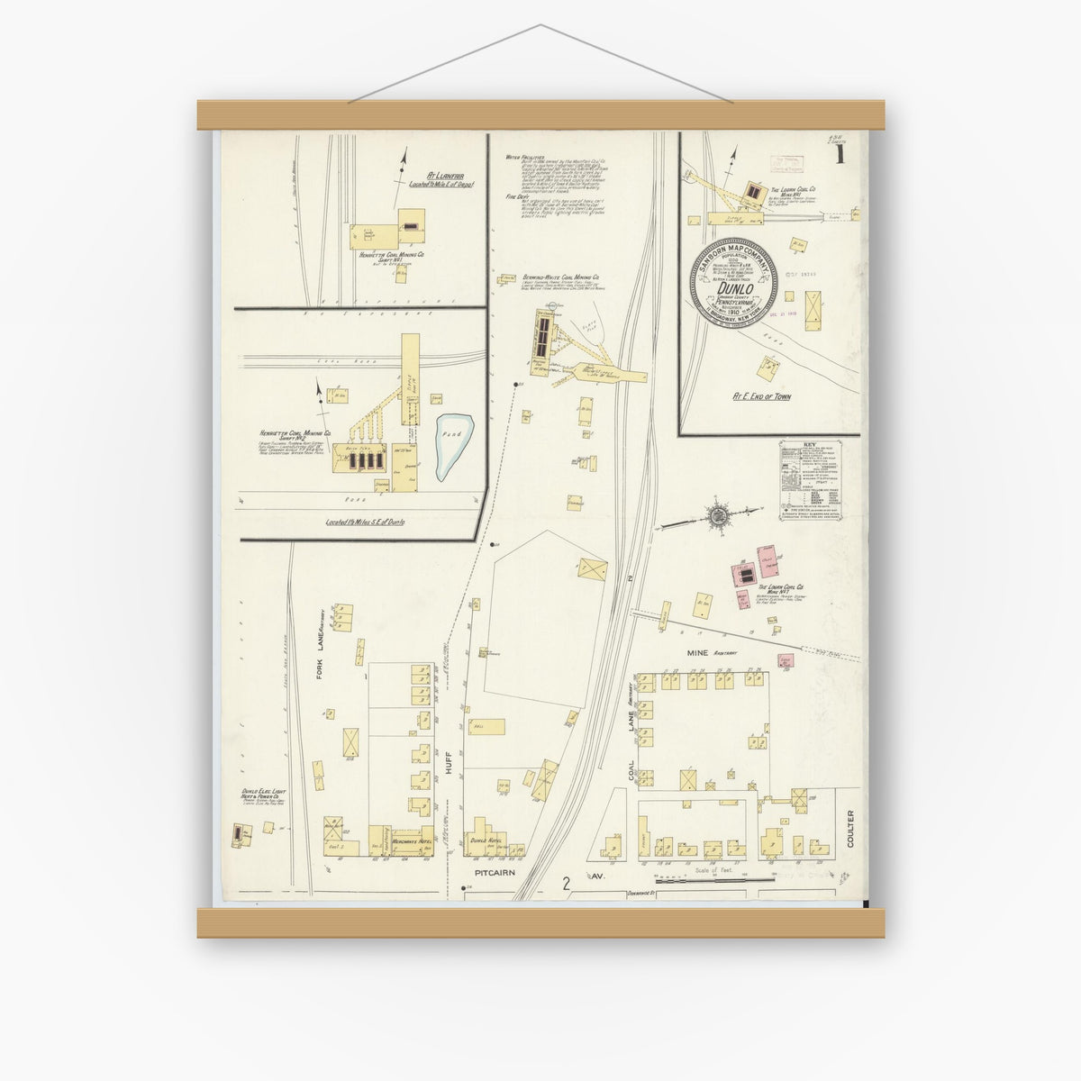 Old map wall art mockup — magnetic wood frame on white wall — Sanborn Fire Insurance Map from Dunlo, Cambria County, Pennsylvania (1910), Sheet #0001