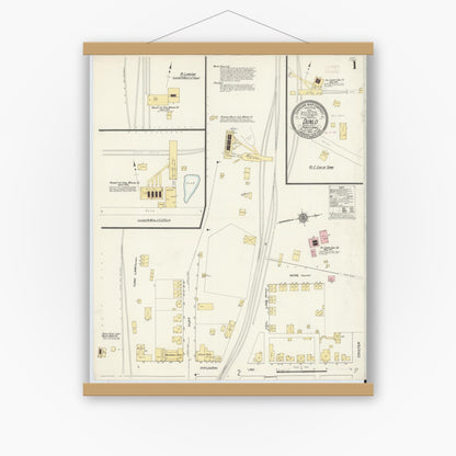 Old map wall art mockup — magnetic wood frame on white wall — Sanborn Fire Insurance Map from Dunlo, Cambria County, Pennsylvania (1910), Sheet #0001