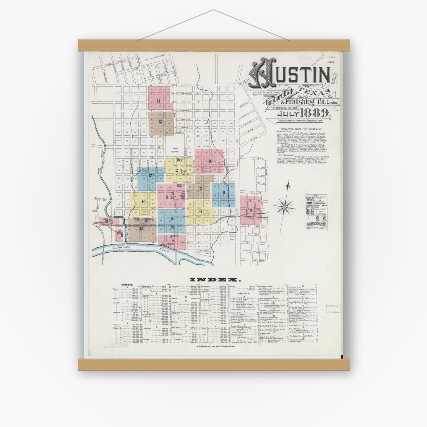 Old map wall art mockup — magnetic wood frame on white wall — Sanborn Fire Insurance Map from Austin, Travis County, Texas (1889), Sheet #0001