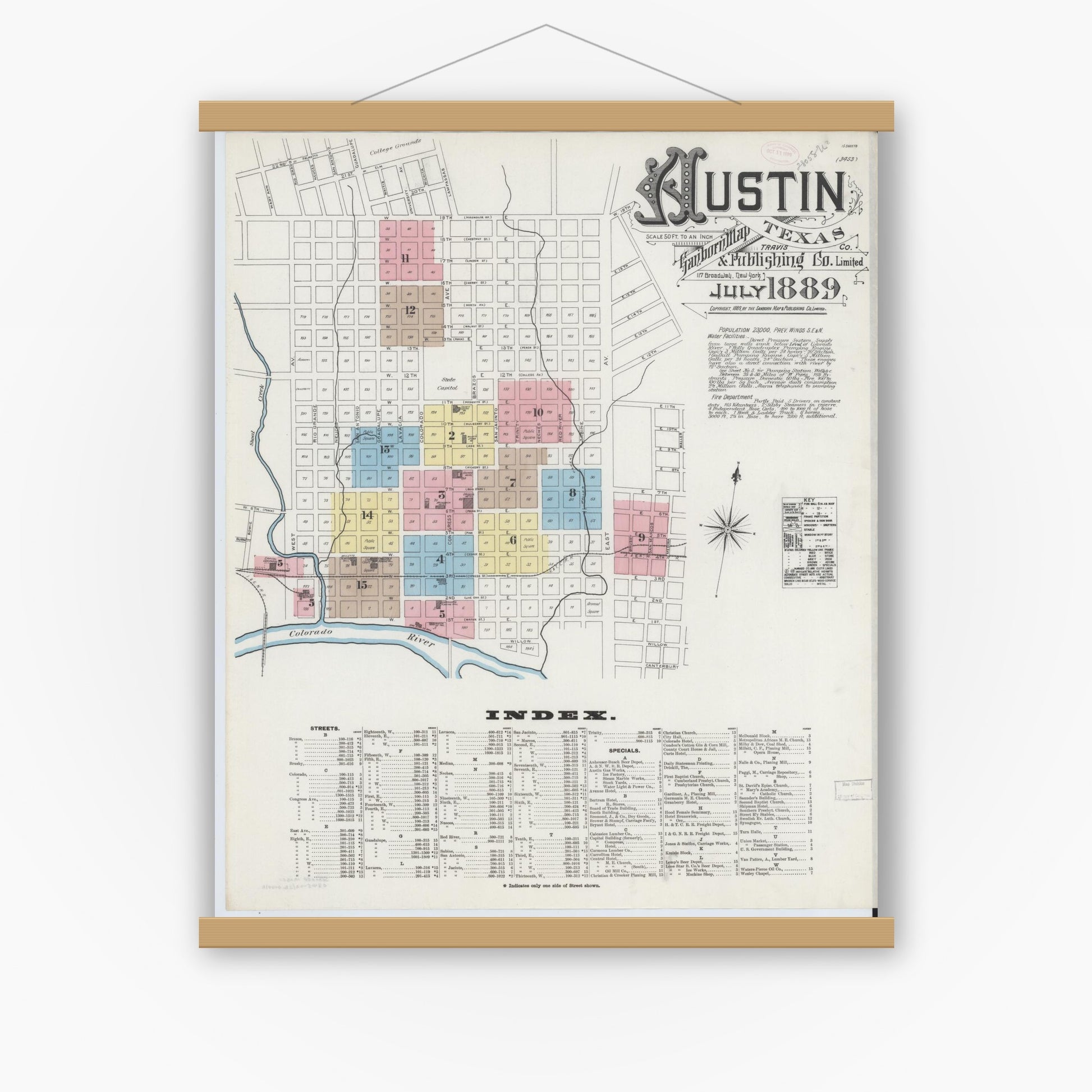 Old map wall art mockup — magnetic wood frame on white wall — Sanborn Fire Insurance Map from Austin, Travis County, Texas (1889), Sheet #0001