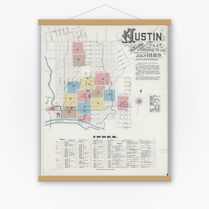 Old map wall art mockup — magnetic wood frame on white wall — Sanborn Fire Insurance Map from Austin, Travis County, Texas (1889), Sheet #0001