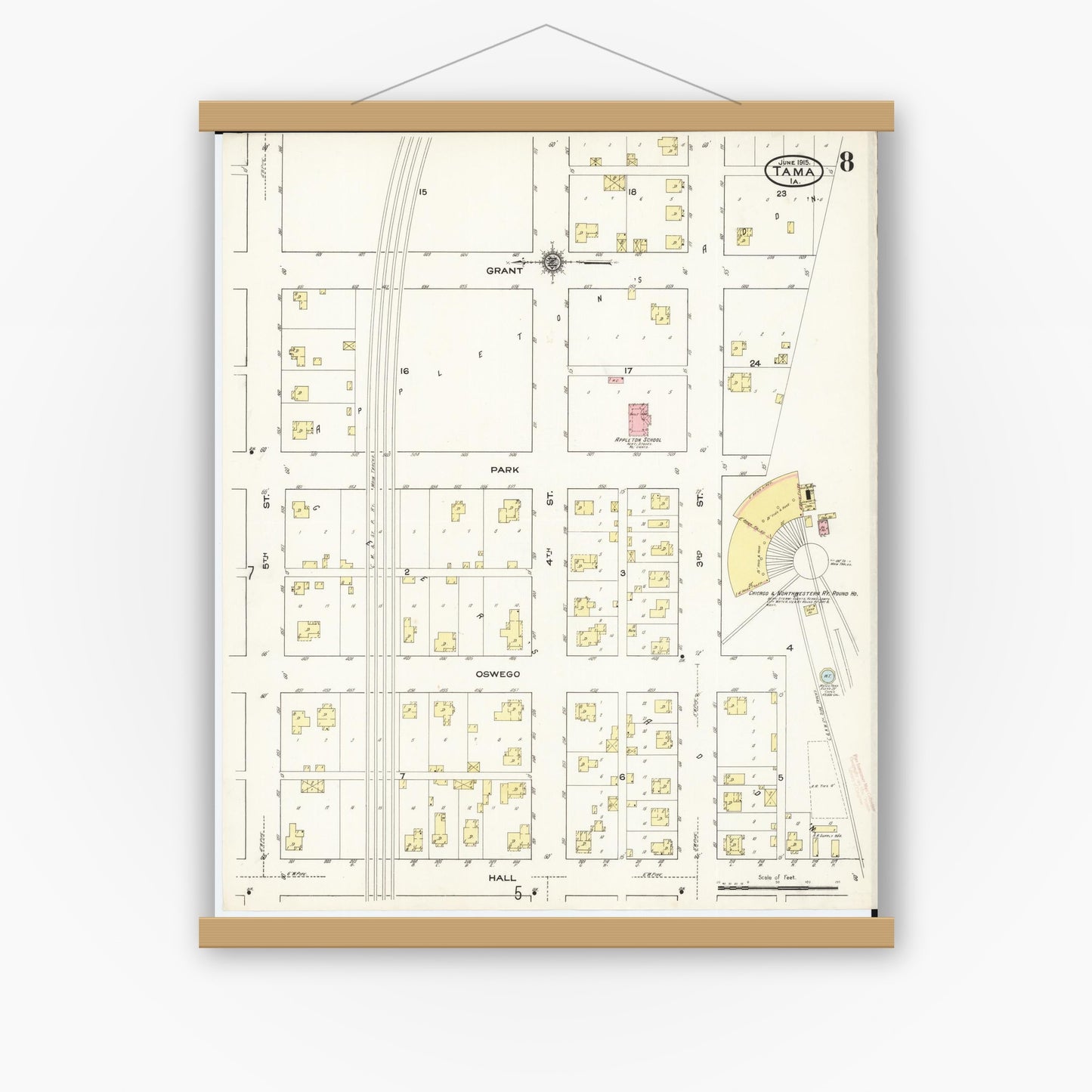 Old map wall art mockup — magnetic wood frame on white wall — Sanborn Fire Insurance Map from Tama, Tama County, Iowa (1915), Sheet #0008