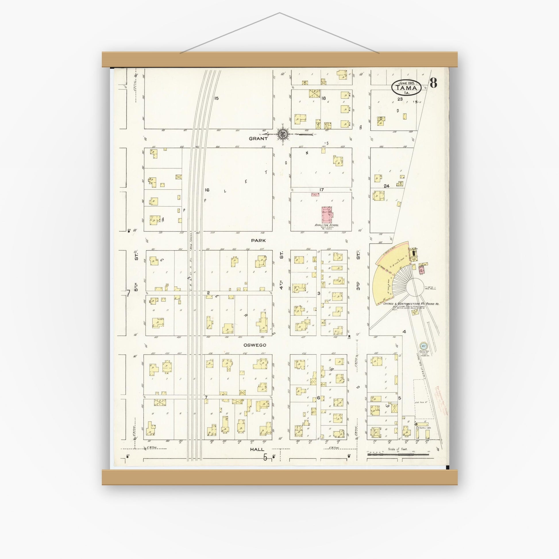 Old map wall art mockup — magnetic wood frame on white wall — Sanborn Fire Insurance Map from Tama, Tama County, Iowa (1915), Sheet #0008