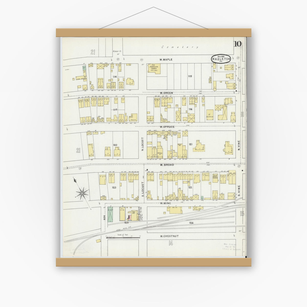 Old map wall art mockup — magnetic wood frame on white wall — Sanborn Fire Insurance Map from Hazleton, Luzerne County, Pennsylvania (1895), Sheet #0010