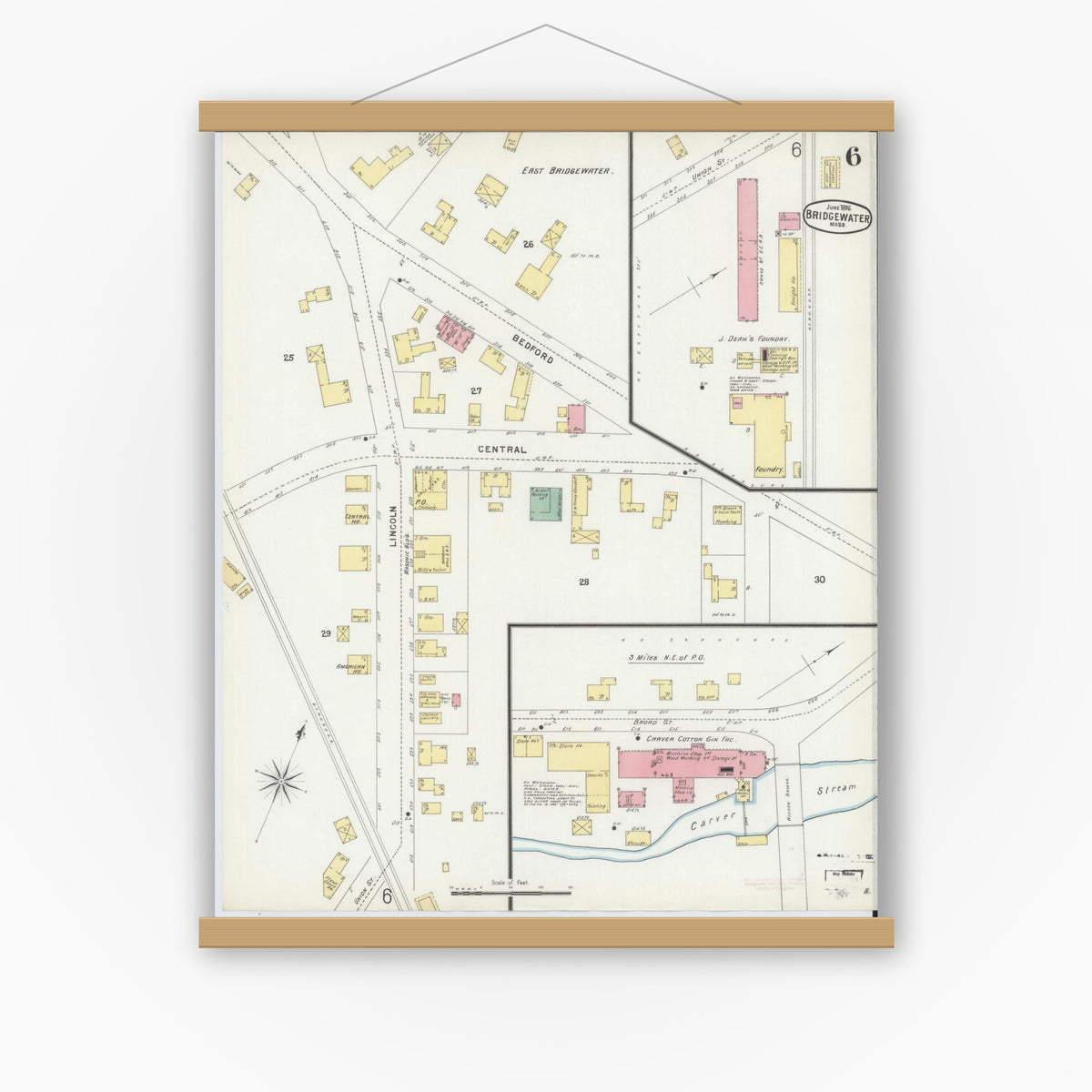 Old map wall art mockup — magnetic wood frame on white wall — Sanborn Fire Insurance Map from Bridgewater, Plymouth County, Massachusetts (1896), Sheet #0006
