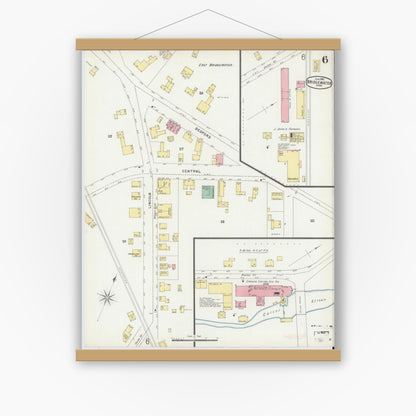 Old map wall art mockup — magnetic wood frame on white wall — Sanborn Fire Insurance Map from Bridgewater, Plymouth County, Massachusetts (1896), Sheet #0006