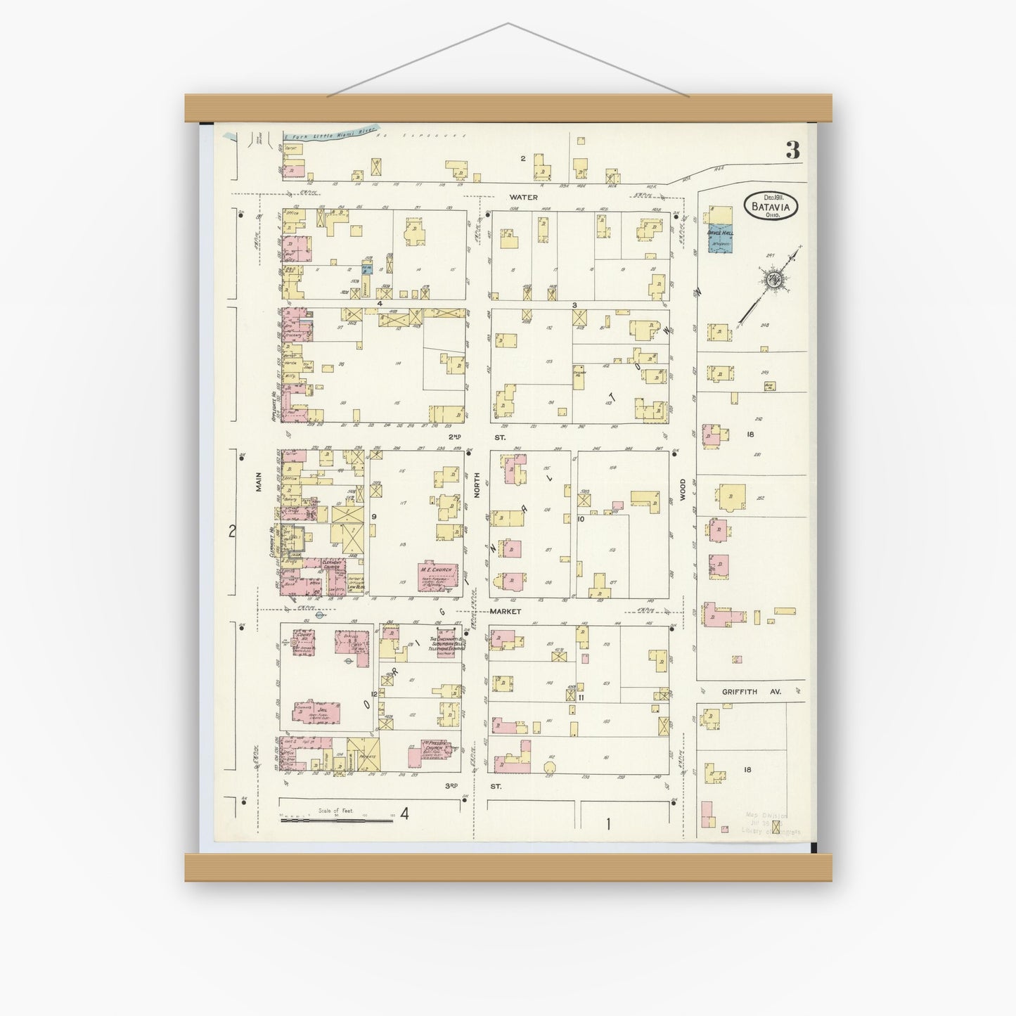 Old map wall art mockup — magnetic wood frame on white wall — Sanborn Fire Insurance Map from Batavia, Clermont County, Ohio (1911), Sheet #0003