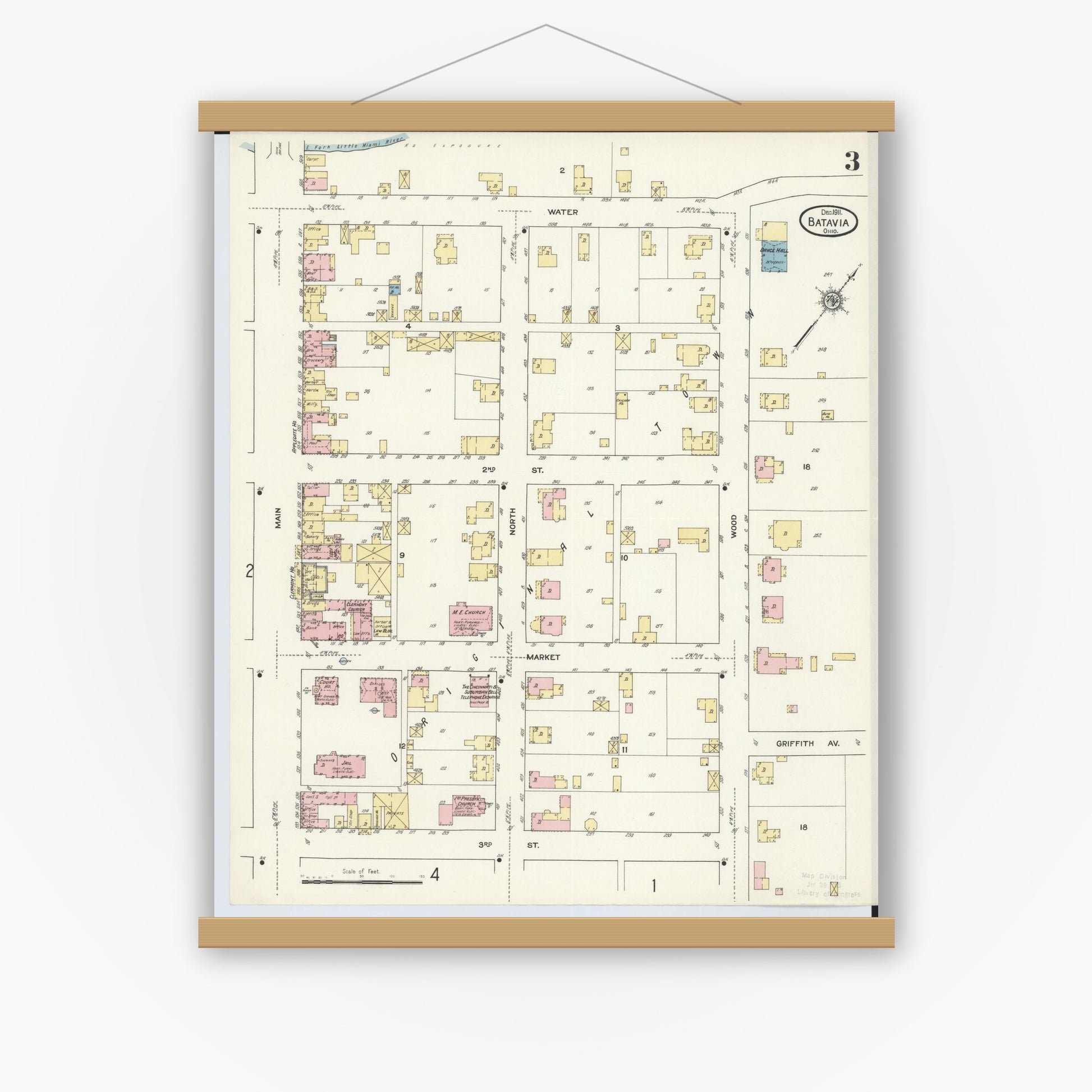 Old map wall art mockup — magnetic wood frame on white wall — Sanborn Fire Insurance Map from Batavia, Clermont County, Ohio (1911), Sheet #0003