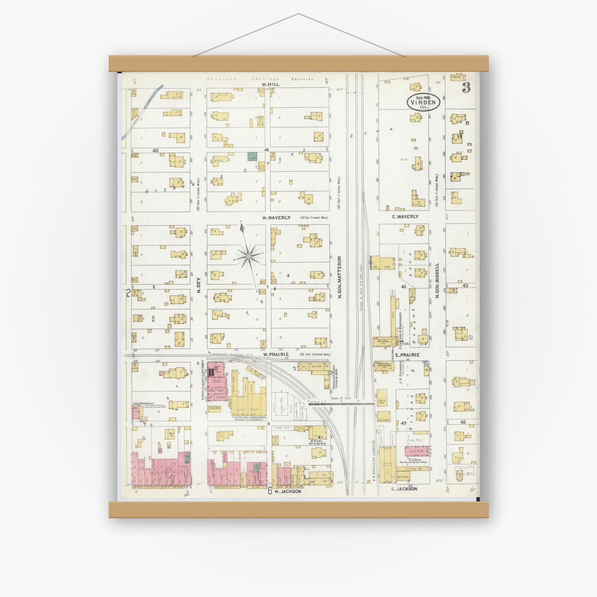 Old map wall art mockup — magnetic wood frame on white wall — Sanborn Fire Insurance Map from Virden, Macoupin County, Illinois (1906), Sheet #0003